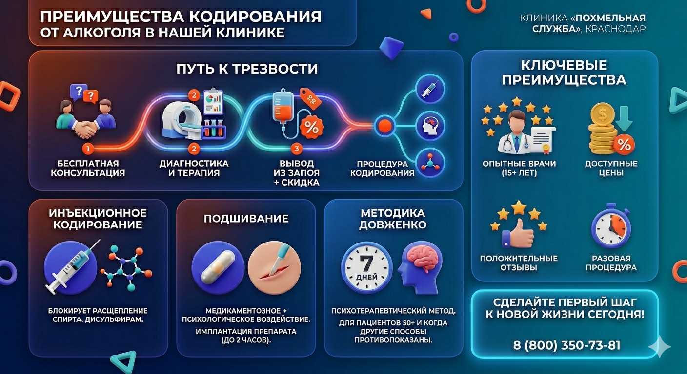 Инфографика о методах кодирования от алкоголя в Качканаре: инъекции, подшивание, метод Довженко. Преимущества клиники и этапы лечения.