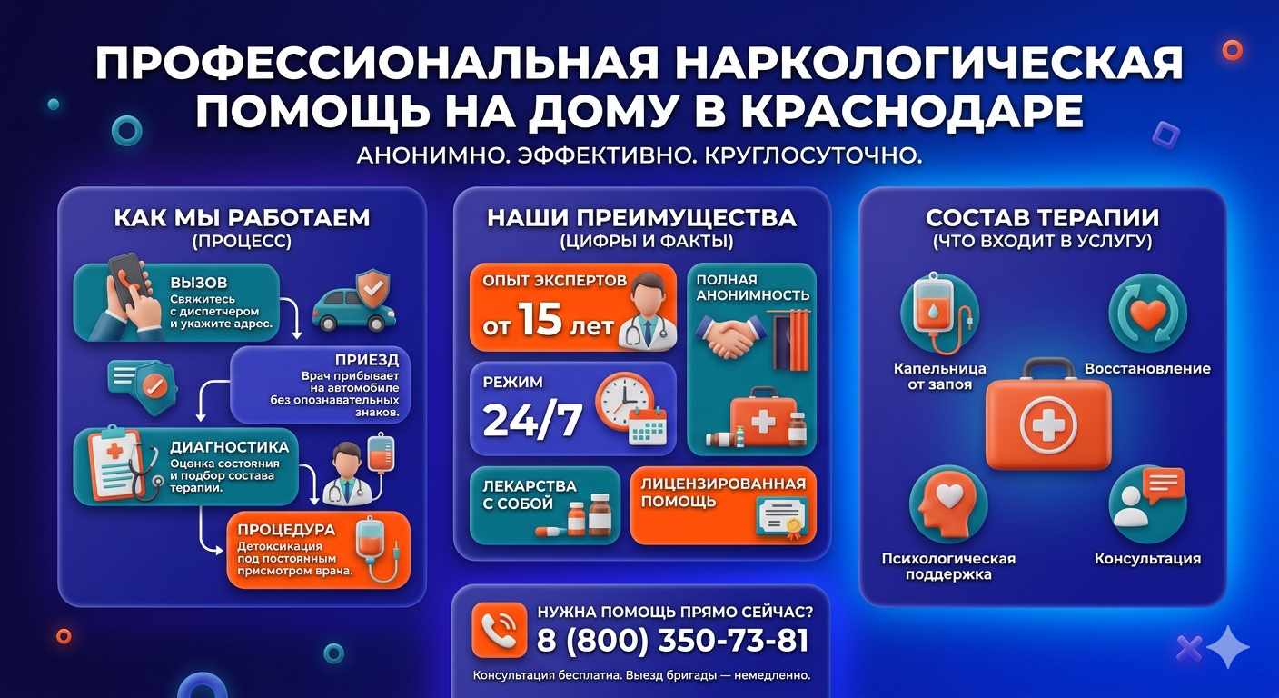 Инфографика о принципах лечения алкоголизма на дому в Качканаре: этапы вызова нарколога, преимущества анонимной детоксикации и состав медицинской помощи.